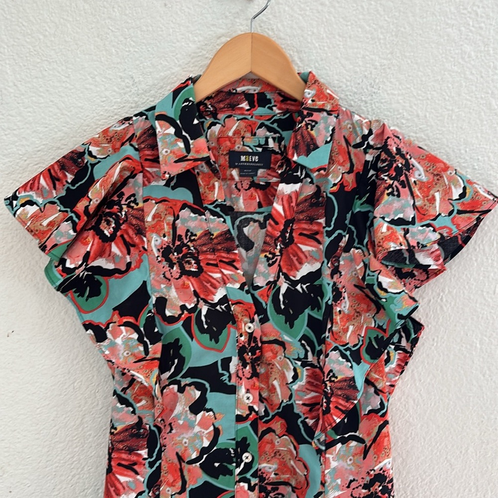 Anthropologie Maeve Flutter-Sleeve Floral Midi Button Down Shirt Dress Medium - Picture 5 of 14